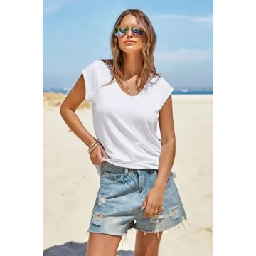 Womens Cap Sleeve V Neck T-Shirt Casual Loose Fit Basic Tshirts Tops
