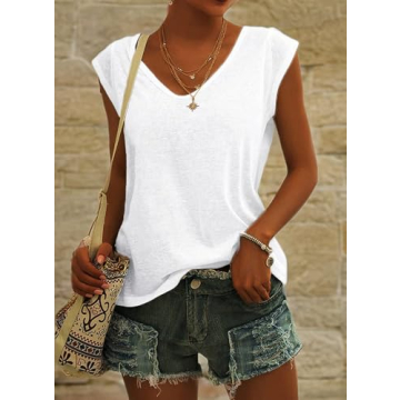 Womens Cap Sleeve V Neck T-Shirt Casual Loose Fit Basic Tshirts Tops