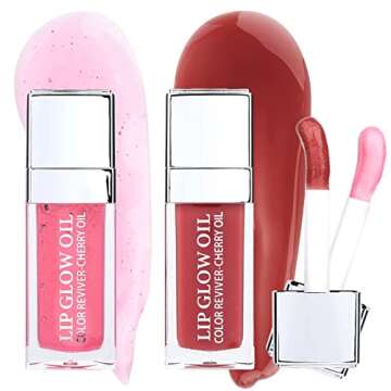 FANXITON 2 Pack Lip Oil Hydrating and Tinted Lip Balm Plumper Clear for Makeup, Non-sticky, Revitalizing, Cherry Pink and Sexy Red