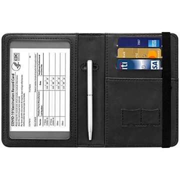 HOTCOOL Passport and Vaccine Card Holder Combo Leather RFID Blocking Wallet with Elastic Strap Travel Cover Case for Passport, with USA CDC Vaccination Card Slot, with Pen, Gold Black
