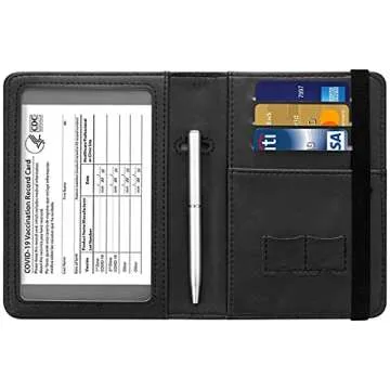 HOTCOOL Passport and Vaccine Card Holder Combo Leather RFID Blocking Wallet with Elastic Strap Travel Cover Case for Passport, with USA CDC Vaccination Card Slot, with Pen, Gold Black