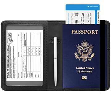 HOTCOOL Passport and Vaccine Card Holder Combo Leather RFID Blocking Wallet with Elastic Strap Travel Cover Case for Passport, with USA CDC Vaccination Card Slot, with Pen, Gold Black
