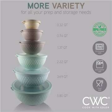 COOK WITH COLOR Mixing Bowls with Lids - 12 Piece Plastic Nesting Bowls Set includes 6 Prep Bowls an...