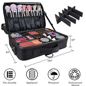 JOURMON Travel Makeup Case 3 Layers Makeup Train Case Portable Makeup Bag Organizer Portable Artist Storage Bag with Adjustable Dividers and Shoulder Strap（Black, M）