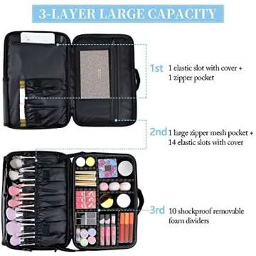 JOURMON Travel Makeup Case 3 Layers Makeup Train Case Portable Makeup Bag Organizer Portable Artist Storage Bag with Adjustable Dividers and Shoulder Strap（Black, M）