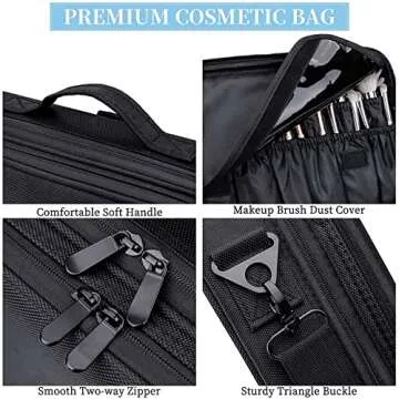 JOURMON Travel Makeup Case 3 Layers Makeup Train Case Portable Makeup Bag Organizer Portable Artist Storage Bag with Adjustable Dividers and Shoulder Strap（Black, M）