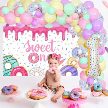 Donut 1st Birthday Party Decorations for Girls - Macaron Balloon Garland Arch Kit with Happy Birthda...