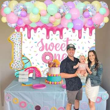 Donut 1st Birthday Party Decorations for Girls - Macaron Balloon Garland Arch Kit with Happy Birthday Backdrop, Foil Balloon, Sweet One Donut Birthday Party Decorations