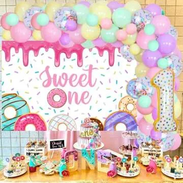 Donut 1st Birthday Party Decorations for Girls - Macaron Balloon Garland Arch Kit with Happy Birthday Backdrop, Foil Balloon, Sweet One Donut Birthday Party Decorations