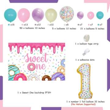 Donut 1st Birthday Party Decorations for Girls - Macaron Balloon Garland Arch Kit with Happy Birthday Backdrop, Foil Balloon, Sweet One Donut Birthday Party Decorations