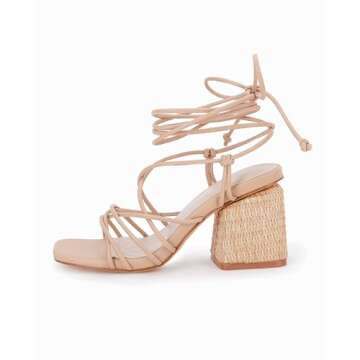 PiePieBuy Women's Lace Up Chunky Braided Heel Sandals Square Toe Strappy Ankle Strap Heels