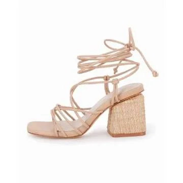 PiePieBuy Women's Lace Up Chunky Braided Heel Sandals Square Toe Strappy Ankle Strap Heels