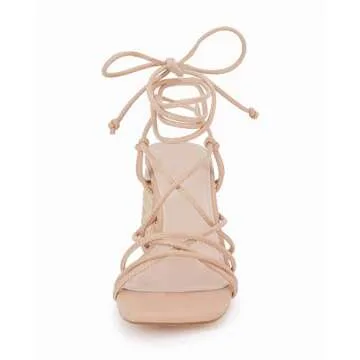 PiePieBuy Women's Lace Up Chunky Braided Heel Sandals Square Toe Strappy Ankle Strap Heels