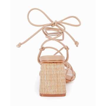 PiePieBuy Women's Lace Up Chunky Braided Heel Sandals Square Toe Strappy Ankle Strap Heels