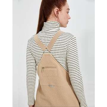 Jawmeu Fleece Overalls Women Warm Zipper Fuzzy Jumpsuit Adjustable Strap Bib Ski Pants (Khaki-M)