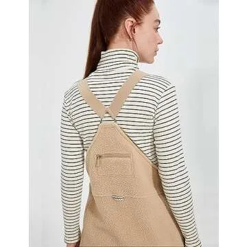 Jawmeu Fleece Overalls Women Warm Zipper Fuzzy Jumpsuit Adjustable Strap Bib Ski Pants (Khaki-M)