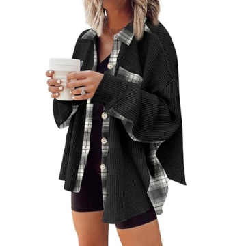 SHEWIN Womens Waffle Knit Plaid Shacket Fall 2024
