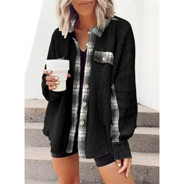 SHEWIN Womens Waffle Knit Plaid Shacket Fall 2024