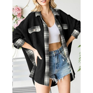 SHEWIN Womens Waffle Knit Plaid Shacket Fall 2024