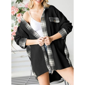 SHEWIN Womens Waffle Knit Plaid Shacket Fall 2024