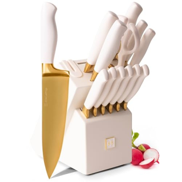 Gold Knife Set with Block Self-Sharpening – 14-Piece Kitchen Knives