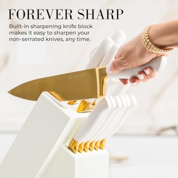 Gold Knife Set with Block Self-Sharpening – 14-Piece Kitchen Knives