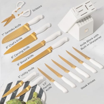 Gold Knife Set with Block Self-Sharpening – 14-Piece Kitchen Knives