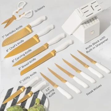 Gold Knife Set with Block Self-Sharpening – 14-Piece Kitchen Knives