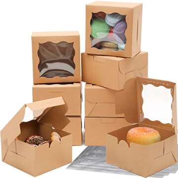 Bakepacker Kraft Bakery Boxes with Window 4x4x2.5 inches Small Size Pastry Boxes Mini Cookie Boxes for Bakerys Thick & Sturdy （100 Packs）