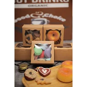 Bakepacker Kraft Bakery Boxes with Window 4x4x2.5 inches Small Size Pastry Boxes Mini Cookie Boxes for Bakerys Thick & Sturdy （100 Packs）