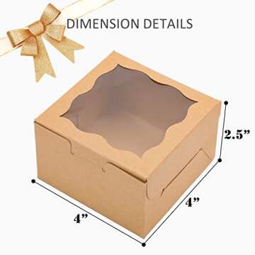Bakepacker Kraft Bakery Boxes with Window 4x4x2.5 inches Small Size Pastry Boxes Mini Cookie Boxes for Bakerys Thick & Sturdy （100 Packs）
