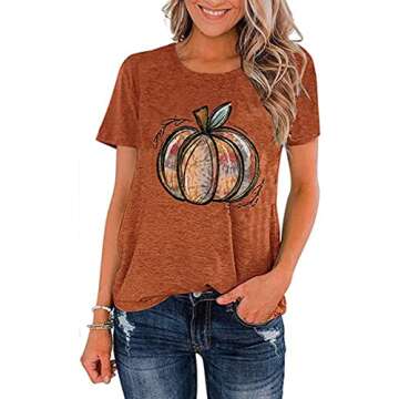 Fall Shirts for Women Halloween Pumpkin Graphic Tees Thanksgiving Family Turkey Tops Cute Autumn Tha...