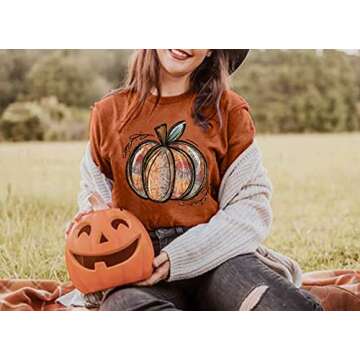 Fall Shirts for Women Halloween Pumpkin Graphic Tees Thanksgiving Family Turkey Tops Cute Autumn Thankful T-Shirt (As Shown 1, XL)