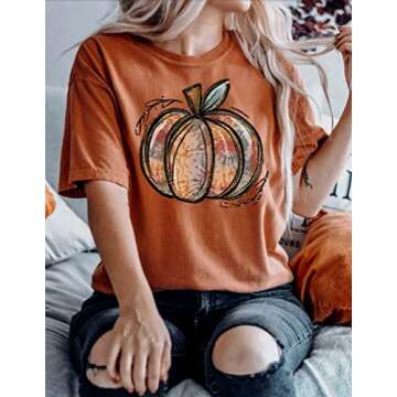 Fall Shirts for Women Halloween Pumpkin Graphic Tees Thanksgiving Family Turkey Tops Cute Autumn Thankful T-Shirt (As Shown 1, XL)