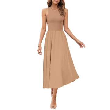 VAFFUL Women's Summer Sleeveless Tank Dress Midi Dresses Square Neck Ribbed Tops A Line Flowy Pleate...