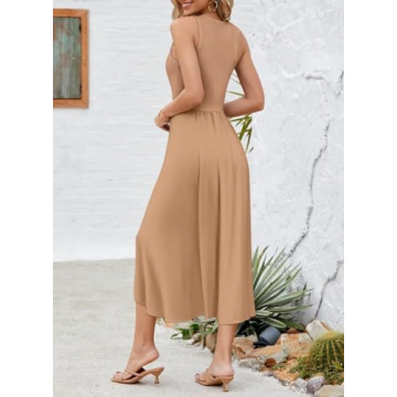 VAFFUL Women's Summer Sleeveless Tank Dress Midi Dresses Square Neck Ribbed Tops A Line Flowy Pleated Basic Casual Dress Khaki M