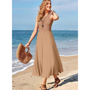 VAFFUL Women's Summer Sleeveless Tank Dress Midi Dresses Square Neck Ribbed Tops A Line Flowy Pleated Basic Casual Dress Khaki M