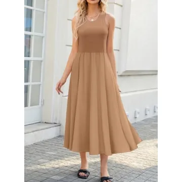 VAFFUL Women's Summer Sleeveless Tank Dress Midi Dresses Square Neck Ribbed Tops A Line Flowy Pleated Basic Casual Dress Khaki M