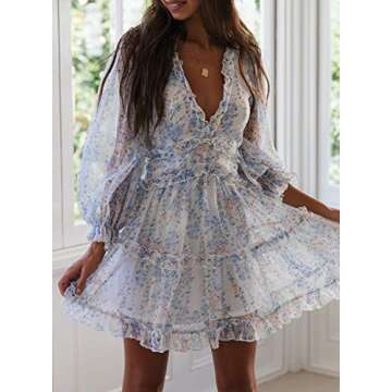 Eytino Women Long Sleeve Floral Printed Dress V Neck Casual Short Dresses,Small White