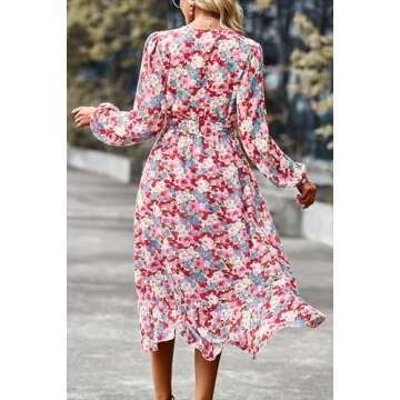 PRETTYGARDEN Women's Floral Print Boho Dress Long Sleeve Wrap V Neck Ruffle Belted A-Line Flowy Maxi Dresses (Floral Pink,Large)