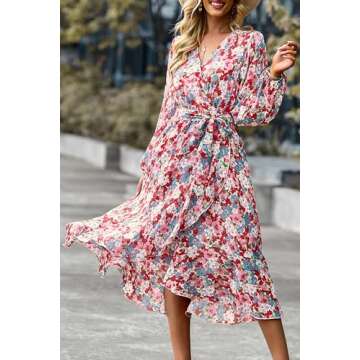 PRETTYGARDEN Women's Floral Print Boho Dress Long Sleeve Wrap V Neck Ruffle Belted A-Line Flowy Maxi Dresses (Floral Pink,Large)