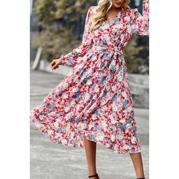 PRETTYGARDEN Women's Floral Print Boho Dress Long Sleeve Wrap V Neck Ruffle Belted A-Line Flowy Maxi Dresses (Floral Pink,Large)