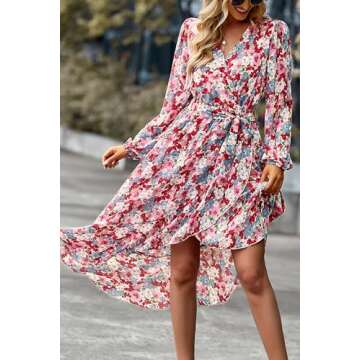 PRETTYGARDEN Women's Floral Print Boho Dress Long Sleeve Wrap V Neck Ruffle Belted A-Line Flowy Maxi Dresses (Floral Pink,Large)
