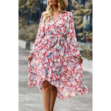 PRETTYGARDEN Women's Floral Print Boho Dress Long Sleeve Wrap V Neck Ruffle Belted A-Line Flowy Maxi Dresses (Floral Pink,Large)