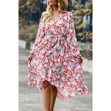PRETTYGARDEN Women's Floral Print Boho Dress Long Sleeve Wrap V Neck Ruffle Belted A-Line Flowy Maxi Dresses (Floral Pink,Large)