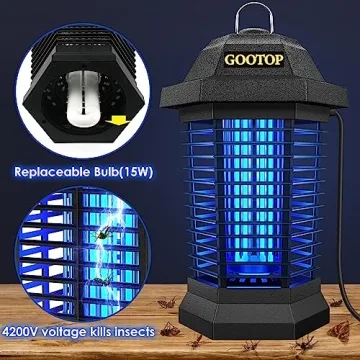 Bug Zapper Outdoor, Mosquito Zapper Outdoor, Electric Fly Zapper, Bug Zapper, Mosquito Killer, Fly Traps, 3 Prong Plug, Flying Insects Zapper Indoor Outdoor 90-130V, 4200V, ABS Plastic Outer (Black)