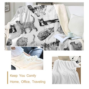 Sleepwish Cat Fleece Throw Blanket Girls Kids Cute Animals Pet Sherpa Blanket for Bed Couch Chair Super Soft Warm and Comfy Cat Lover Gifts,Watercolor Vintage Black White Cats, Throw (50" X 60")