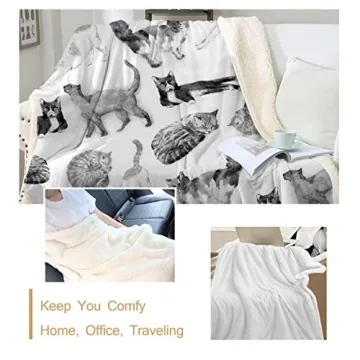 Sleepwish Cat Fleece Throw Blanket Girls Kids Cute Animals Pet Sherpa Blanket for Bed Couch Chair Super Soft Warm and Comfy Cat Lover Gifts,Watercolor Vintage Black White Cats, Throw (50" X 60")