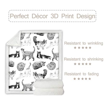 Sleepwish Cat Fleece Throw Blanket Girls Kids Cute Animals Pet Sherpa Blanket for Bed Couch Chair Super Soft Warm and Comfy Cat Lover Gifts,Watercolor Vintage Black White Cats, Throw (50" X 60")