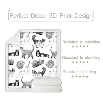 Sleepwish Cat Fleece Throw Blanket Girls Kids Cute Animals Pet Sherpa Blanket for Bed Couch Chair Super Soft Warm and Comfy Cat Lover Gifts,Watercolor Vintage Black White Cats, Throw (50" X 60")